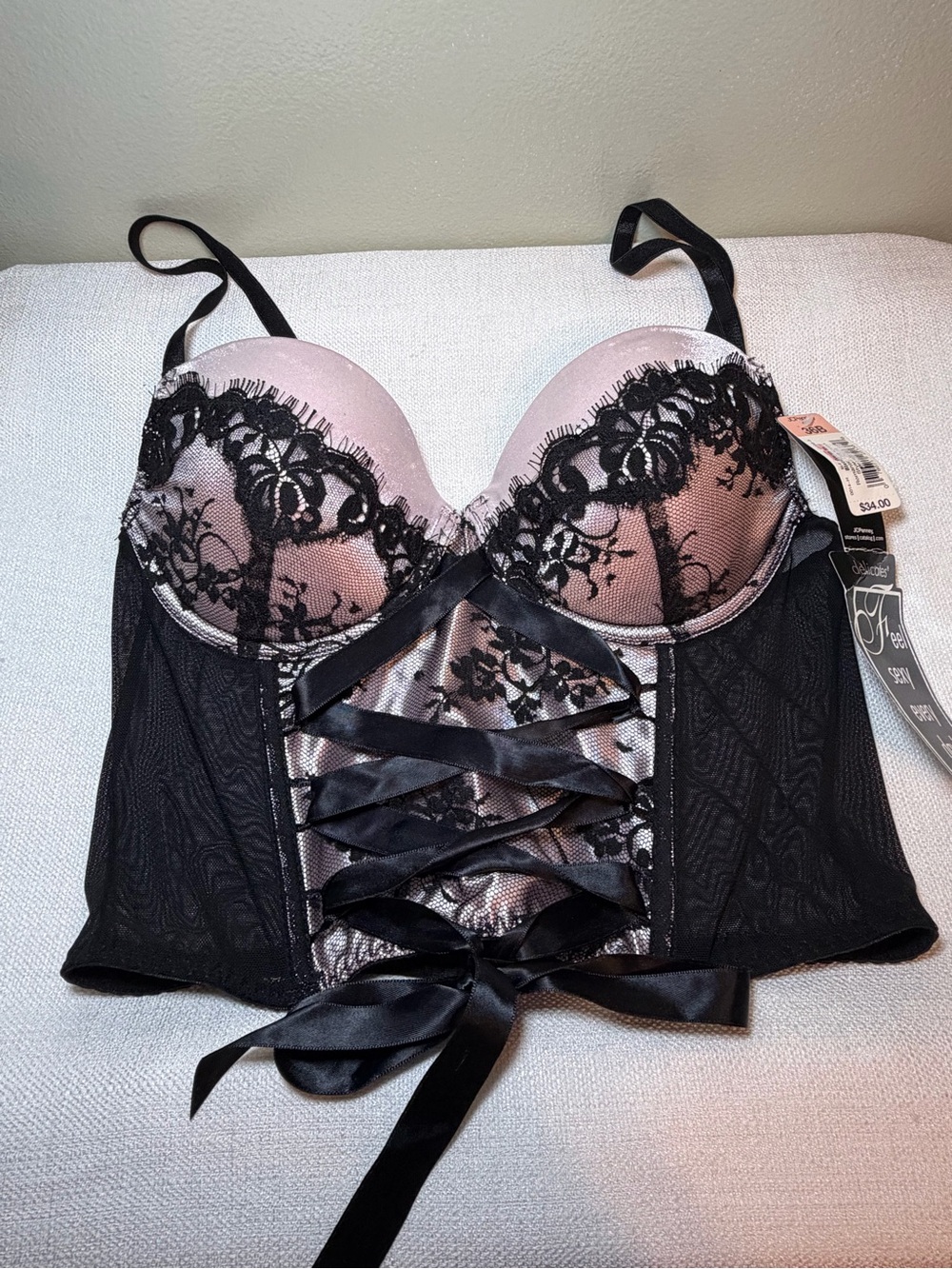 Bustier Lace-Accent Longline Bra - Pink & Black Corset Y2K Romantic 36B NWT